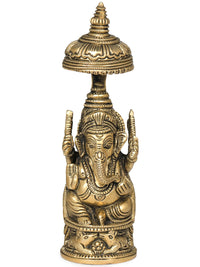 AONA Small brass Ganesha idol with carved umbrella, 5 inches, hands raised