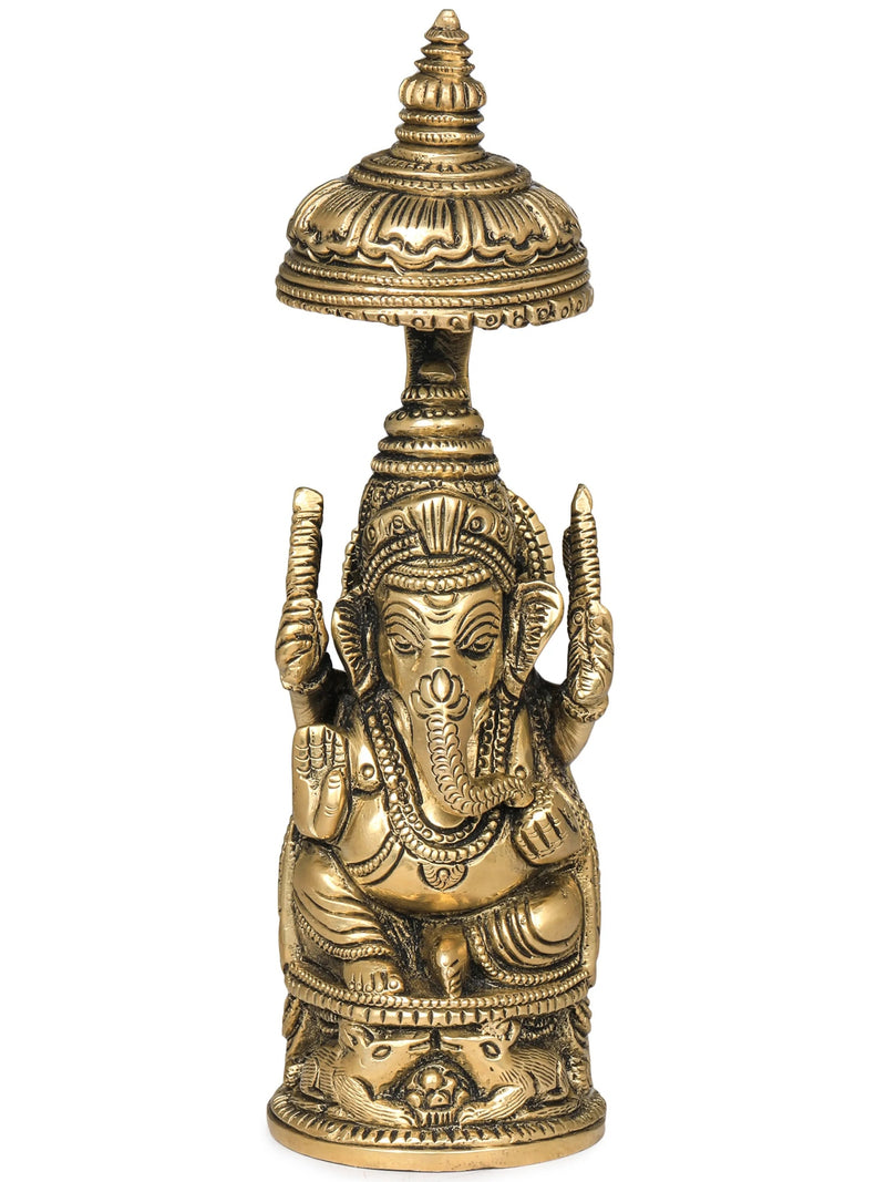 Small Brass Idol of Ganesha with Carved Umbrella 5 inches