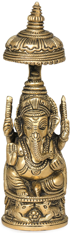 Small Brass Idol of Ganesha with Carved Umbrella 5 inches