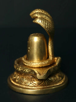 Brass Shiva Linga Decorated with Majestic Sheshnag 4 inches