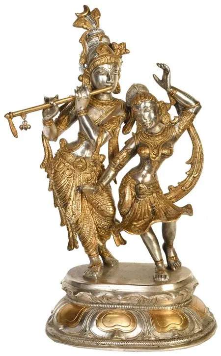 Silver gold Brass Statue of Radha and Krishna Engaged in Ecstatic Dance 16 INCHES