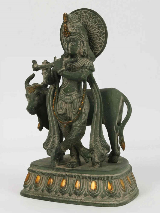 Handcrafted Green Patine Brass Statue of Krishna with Cow 10 inches