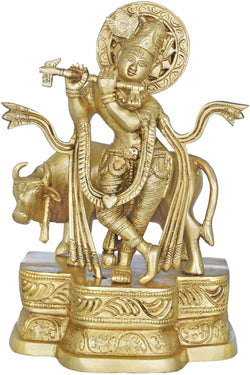 Brass Statue Depicting Krishna Playing the Flute with His Cow 9 Inches