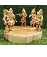 AONA Brass Ganesha musical figurines on round wooden base, 7-inch set