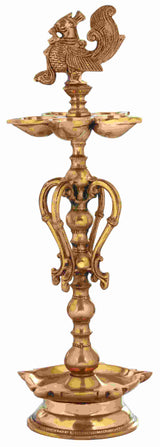 Handmade Polish brass ritual lamp, 16 in, bird finial and two bowl plates