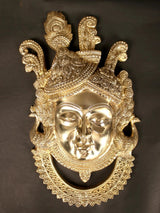 Natural brass Shrinathji face mask wall hanging with ornate crown, 18 in height