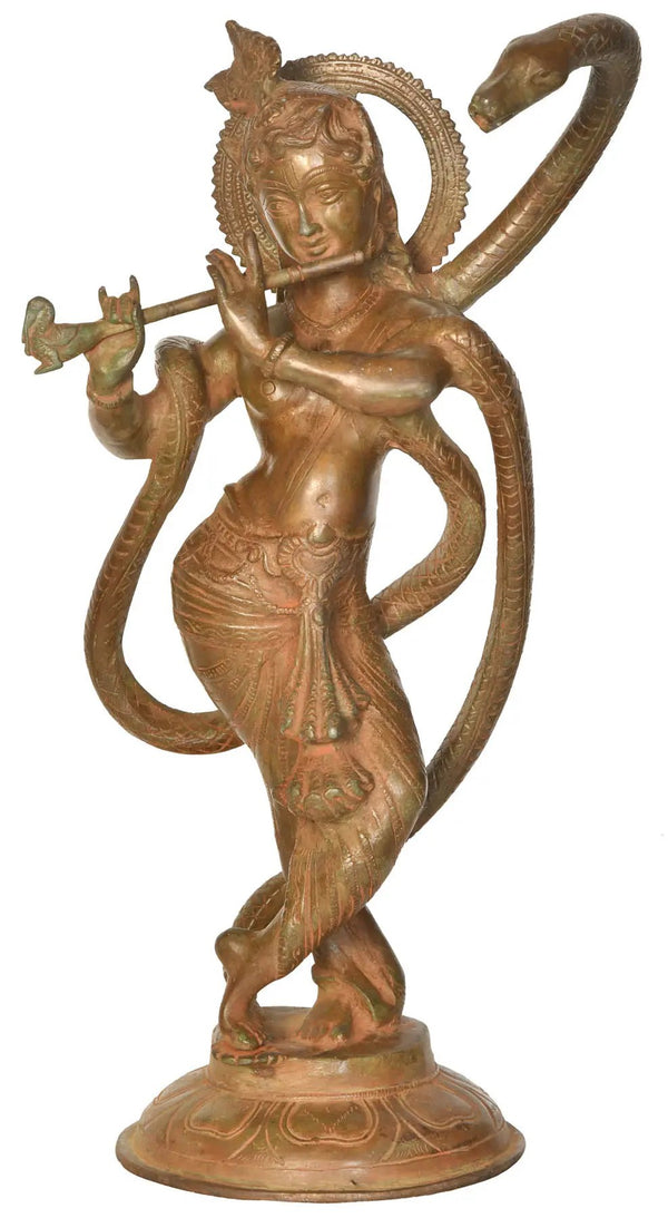 Handmade Brass Sculpture of Krishna Flanked by the Serpent Ananta 15 inches