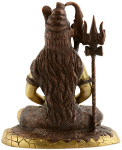 Back view Shiva statue, dark brown seated on gold base with trident