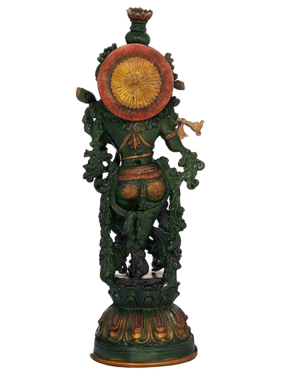 Handmade Antique Henna touch Brass Statue of Murli Krishna 20 INCHES Craft Detail
