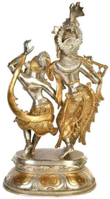 Radha and Krishna dancing brass statue, gold garments and silver bodies, pair
