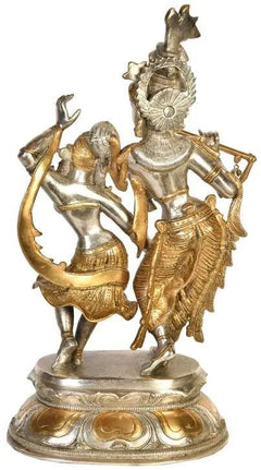 Radha and Krishna dancing brass statue, gold garments and silver bodies, pair