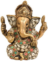 Brass Ganesha idol in Ashirwad mudra, jeweled detailing, raised arms