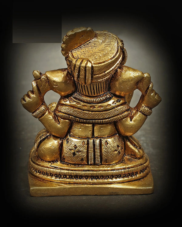 Small Brass Statue of Seated Turbaned Lord Ganesha 7.5 CM Study Setting