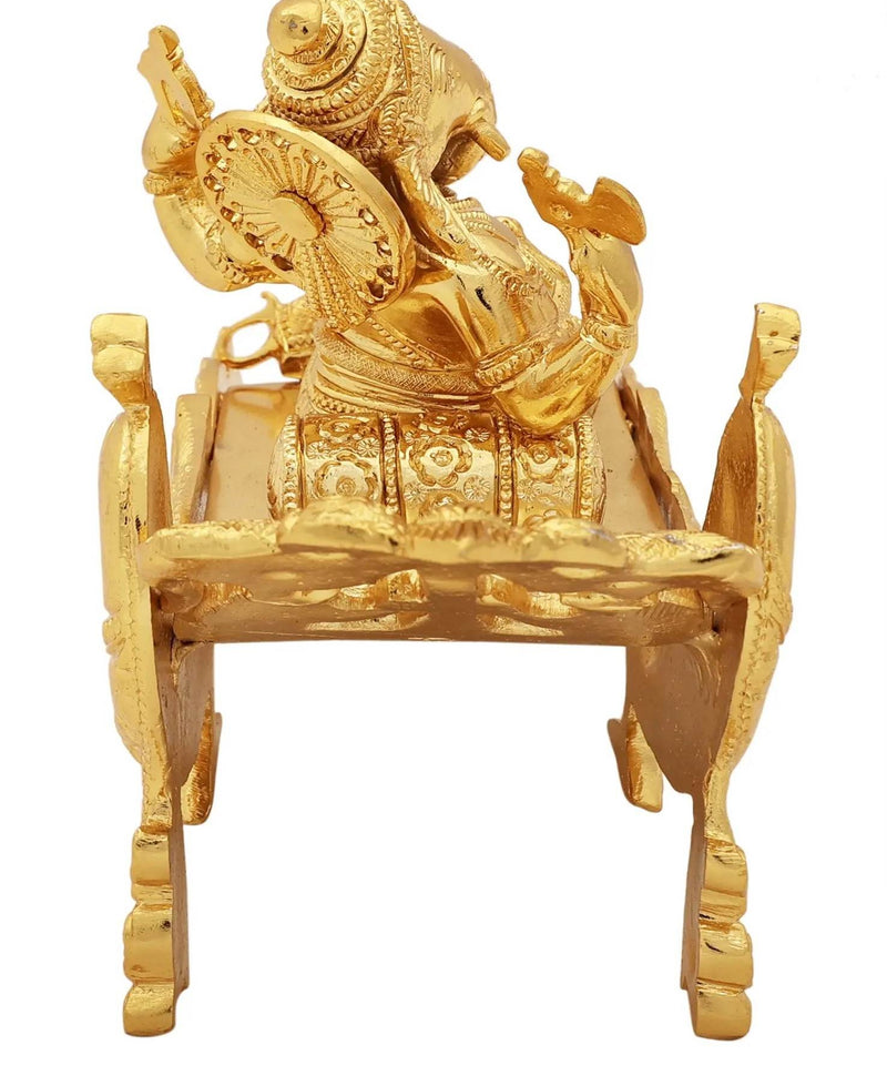 Gold-Plated Ganesha Idol Relaxing on a Peacock Recliner | Handmade Brass Statue 9 Inches