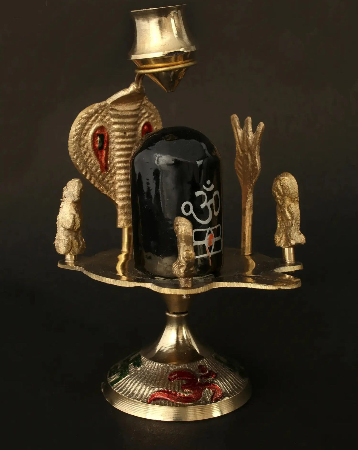 Black Stone Shiva linga idol with brass Shiva family figures, 6cm