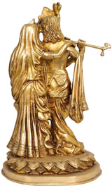 Handcrafted brass Radha and Krishna statue, side view with Krishna holding flute
