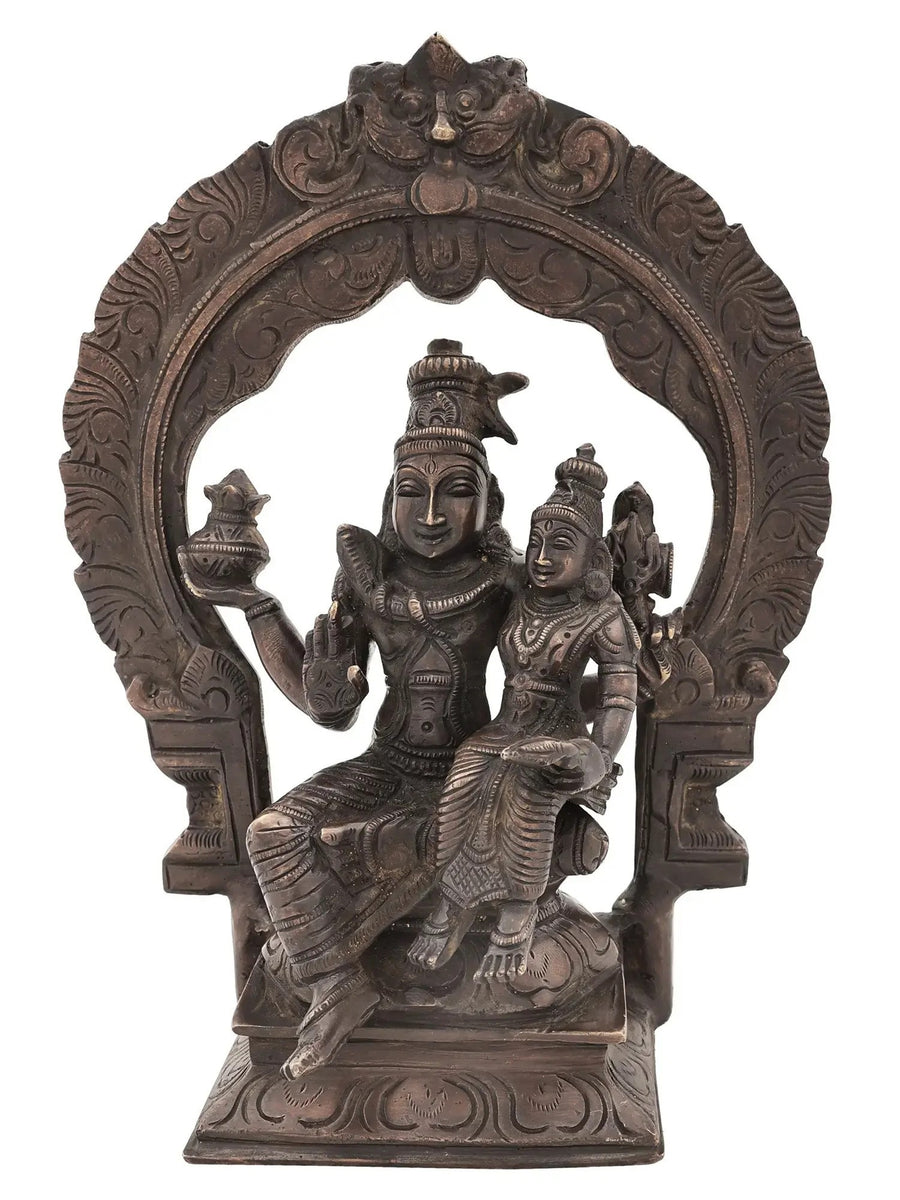 Handmade Antique Brass Idol of Lord Shiva and Parvati Seated on Kirtimukha Prabhawali Throne 10 inches Craft Detail