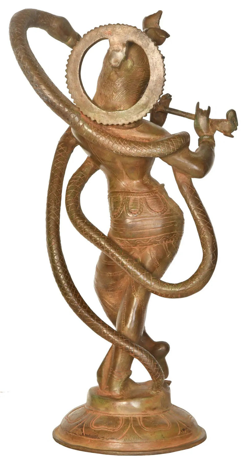 Handmade Brass Sculpture of Krishna Flanked by the Serpent Ananta 15 inches