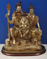 Brass Shiva-Parvati with Ganesha figurine, front view, on round pedestal base