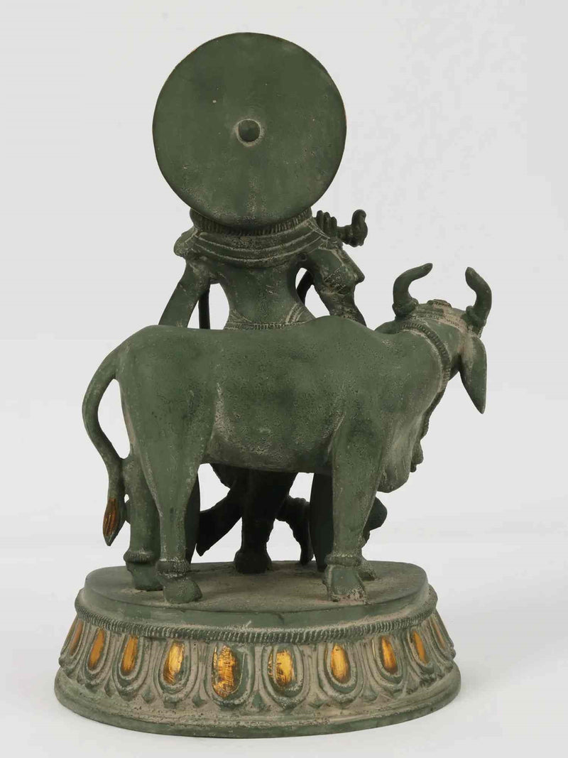 Handcrafted Green Patine Brass Statue of Krishna with Cow 10 inches