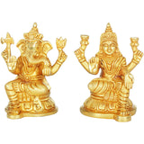 Brass Lakshmi and Ganesha figurine pair, 4 inches, seated with raised hands