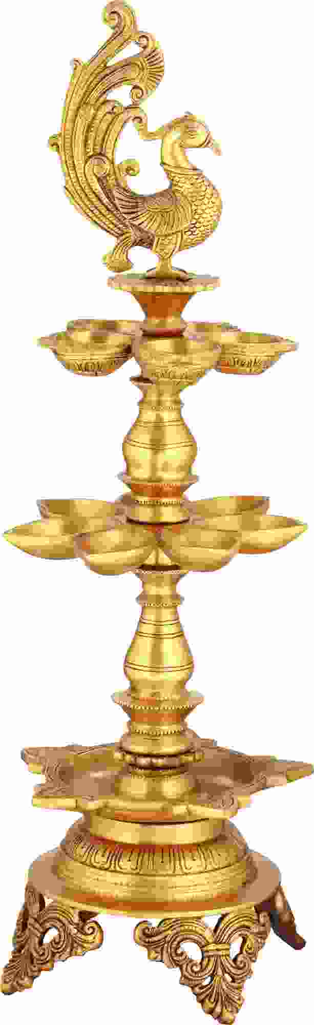 Handmade gold brass puja lamp with deity figure and three-layer wicks, 24 in