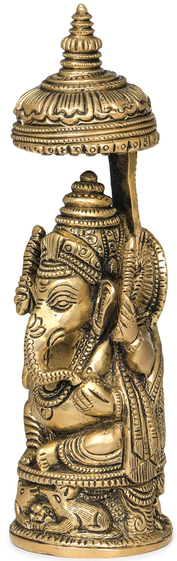 Small Brass Idol of Ganesha with Carved Umbrella 5 inches