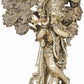 Brass Statue of Krishna Playing the Flute Beneath a Tree with Peacocks