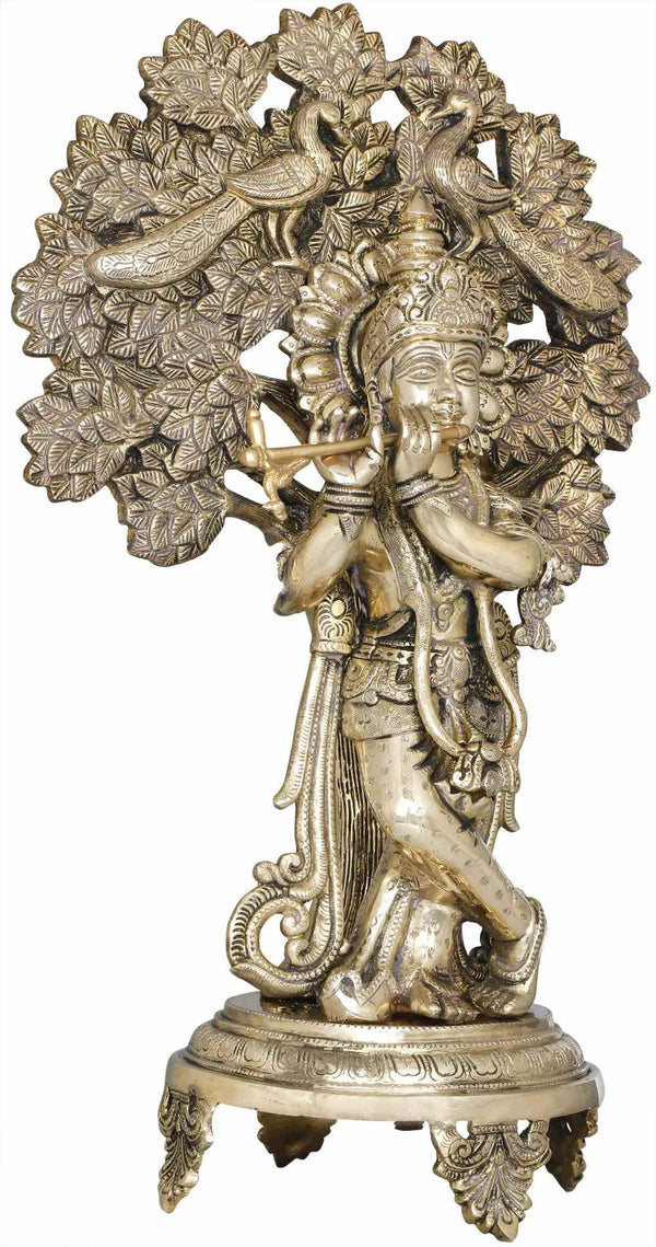 Brass Statue of Krishna Playing the Flute Beneath a Tree with Peacocks