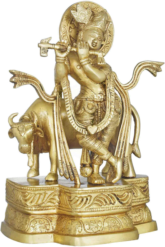 Brass Statue Depicting Krishna Playing the Flute with His Cow 9 Inches