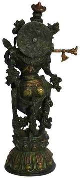 AONA antique chala brass Krishna statue, back view with circular discus and ornaments
