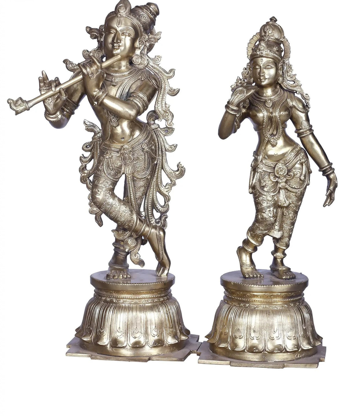 Brass Radha Krishna temple statue: flute-playing Krishna & standing Radha on pedestal