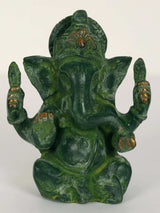 Brass Ganpati Maharaj figurine, seated with raised hands and painted green finish, front view