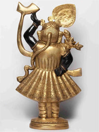 Gold and black brass Krishna statue as Shrinath Ji, side view with halo and fan
