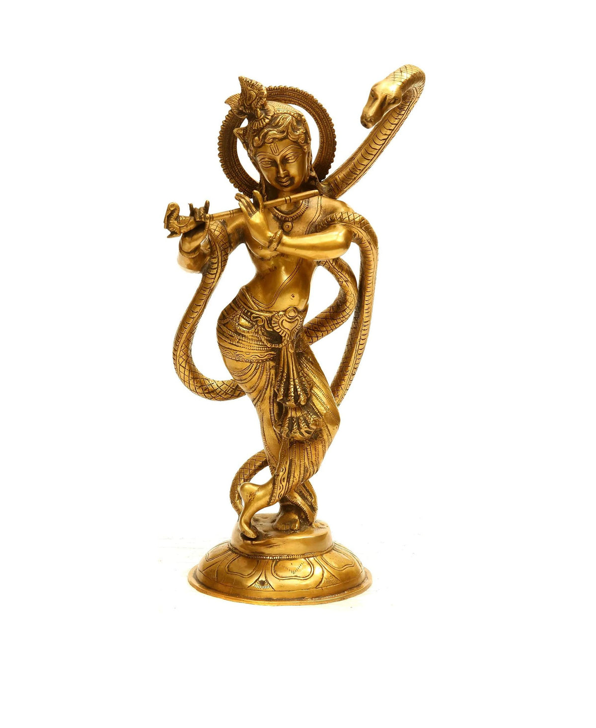 Brass statue of Shri Krishna holding flute, 15 inch pedestal figure