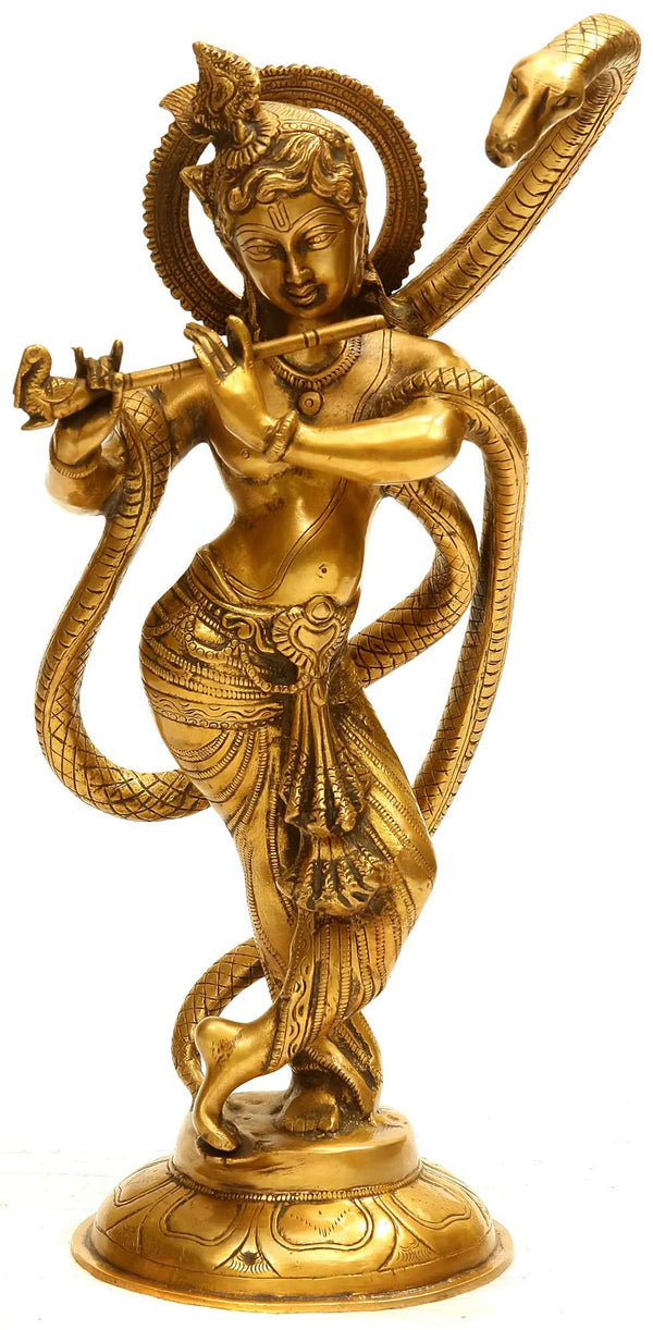 Brass Statue of Shri Krishna and Kaliya 15 inches