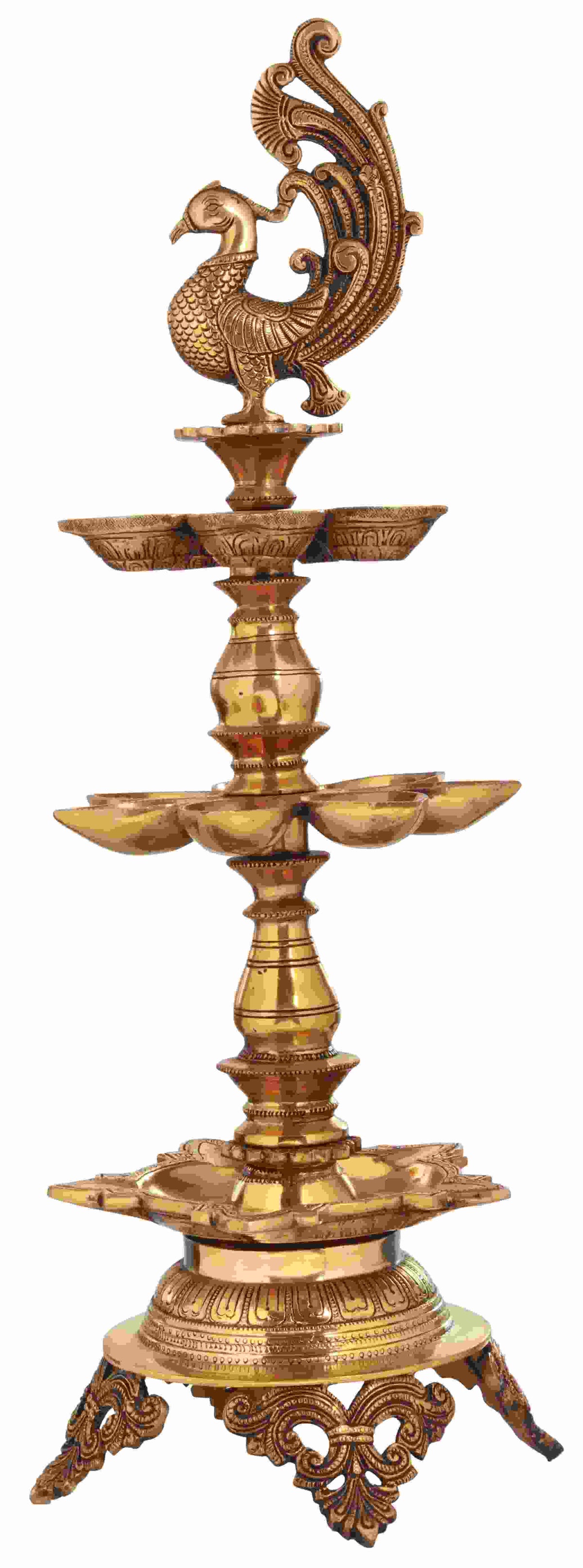 Handmade Polish brass puja lamp with three-layer wicks, peacock-style top and tiered diya stand