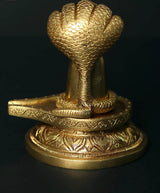 Brass Sheshnag-hood Shiva linga decor on round pedestal, engraved patterns