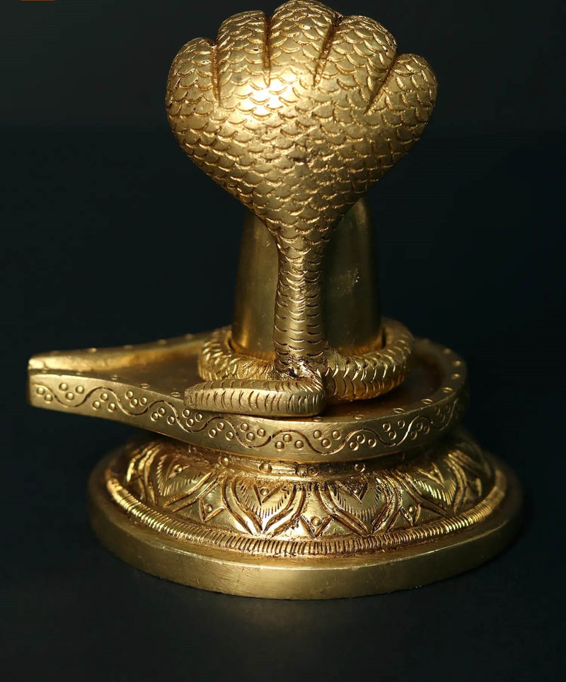 Brass Shiva Linga Decorated with Majestic Sheshnag 4 inches