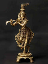 Brass Shri Krishna statue playing flute on chowki, 10 inch