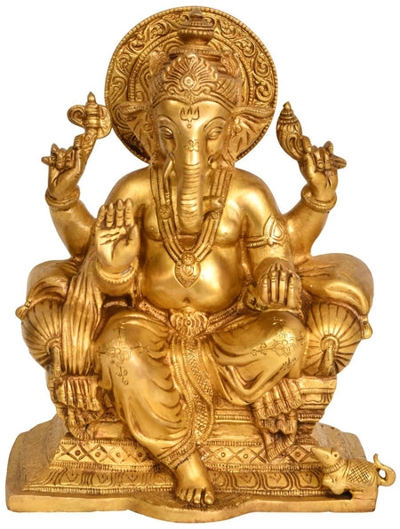 Brass Lord Ganesha Statue Seated on Throne | Handmade 9 Inches