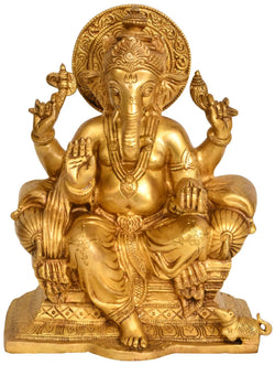 Brass Lord Ganesha Statue Seated on Throne | Handmade 9 Inches