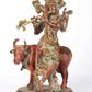 Brass Statue of Lord Krishna Playing Flute with Cow 9 inches