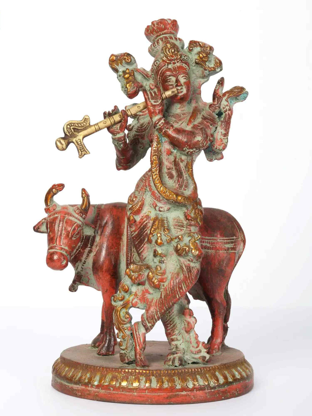 Lord Krishna flute statue with cow, brass red-gold finish, 9 in