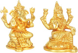 Handmade brass Lakshmi and Ganesha pair, 4 inches, seated with detailed jewelry
