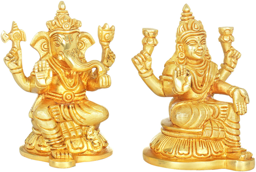 Brass Handmade Lakshmi Ganesha Pair 4 inches Craft Detail