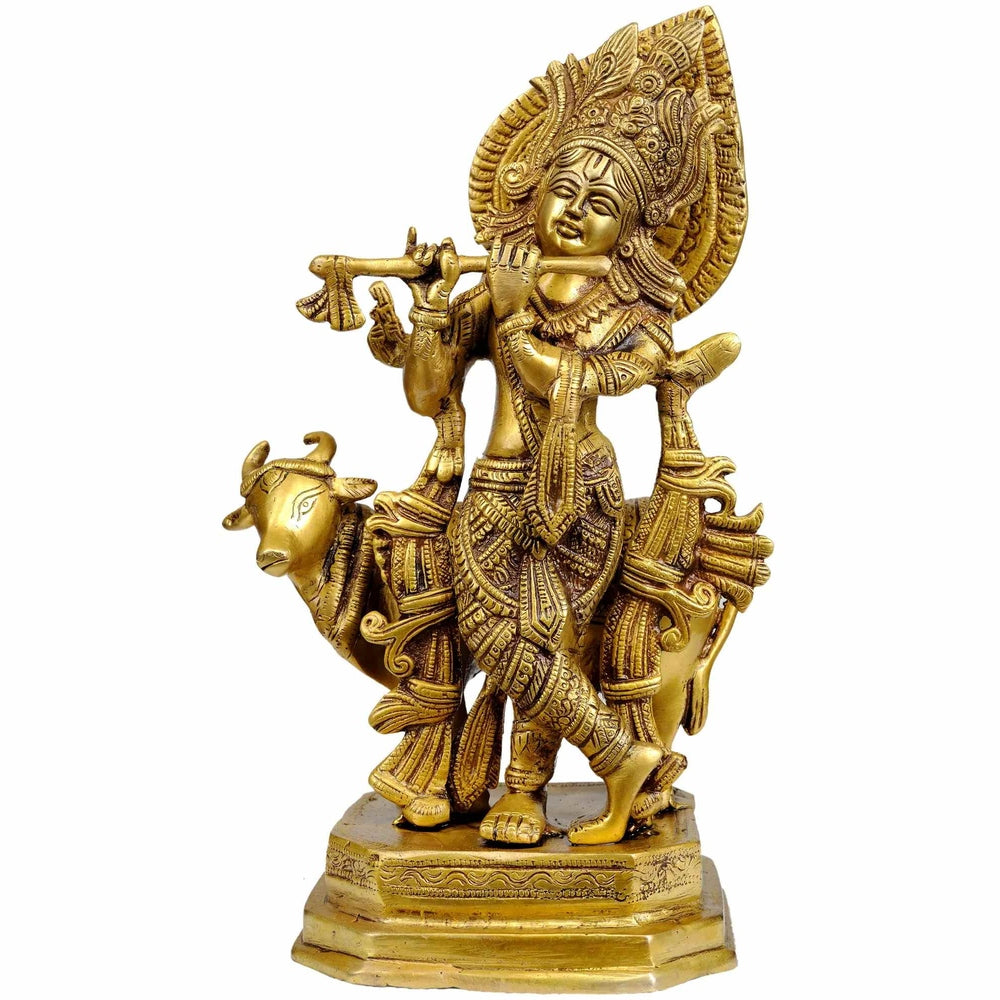 Handmade brass Venugopala statue of fluting Krishna with cow, 12 inches