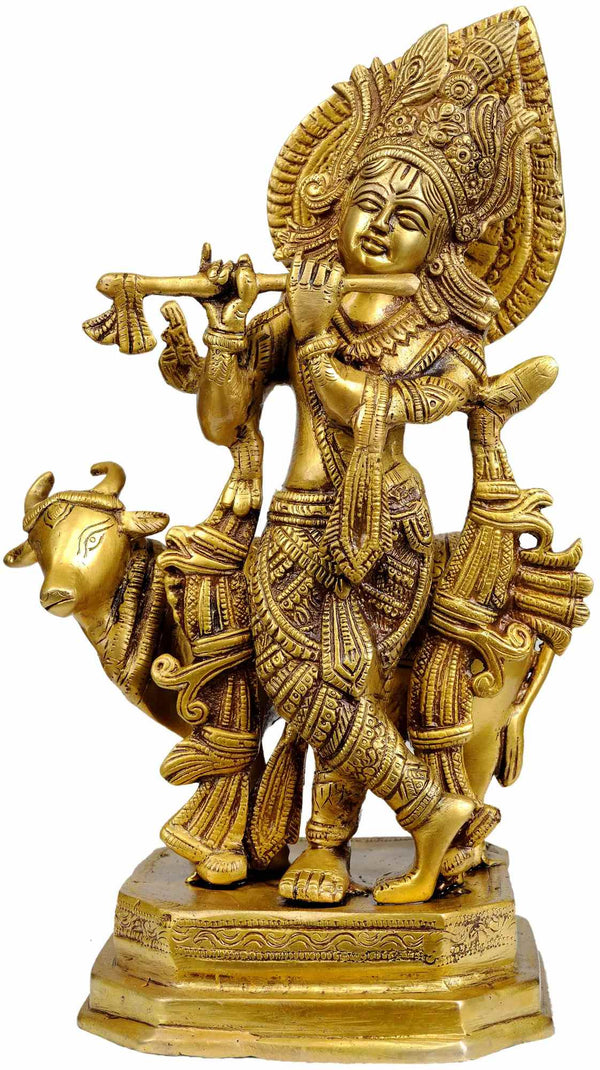 Handmade Brass Statue of Venugopala (Fluting Krishna with His Cow) 12 Inches