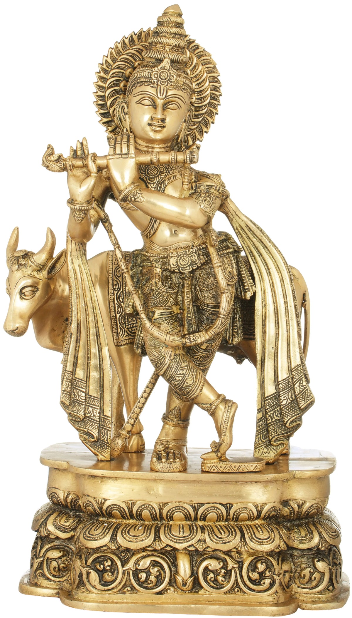 Handmade brass sculpture: Krishna plays flute beside cow, ornate detailing, 19 in