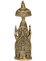 Small brass Ganesha idol with carved umbrella, 5 inches, ornate back medallion